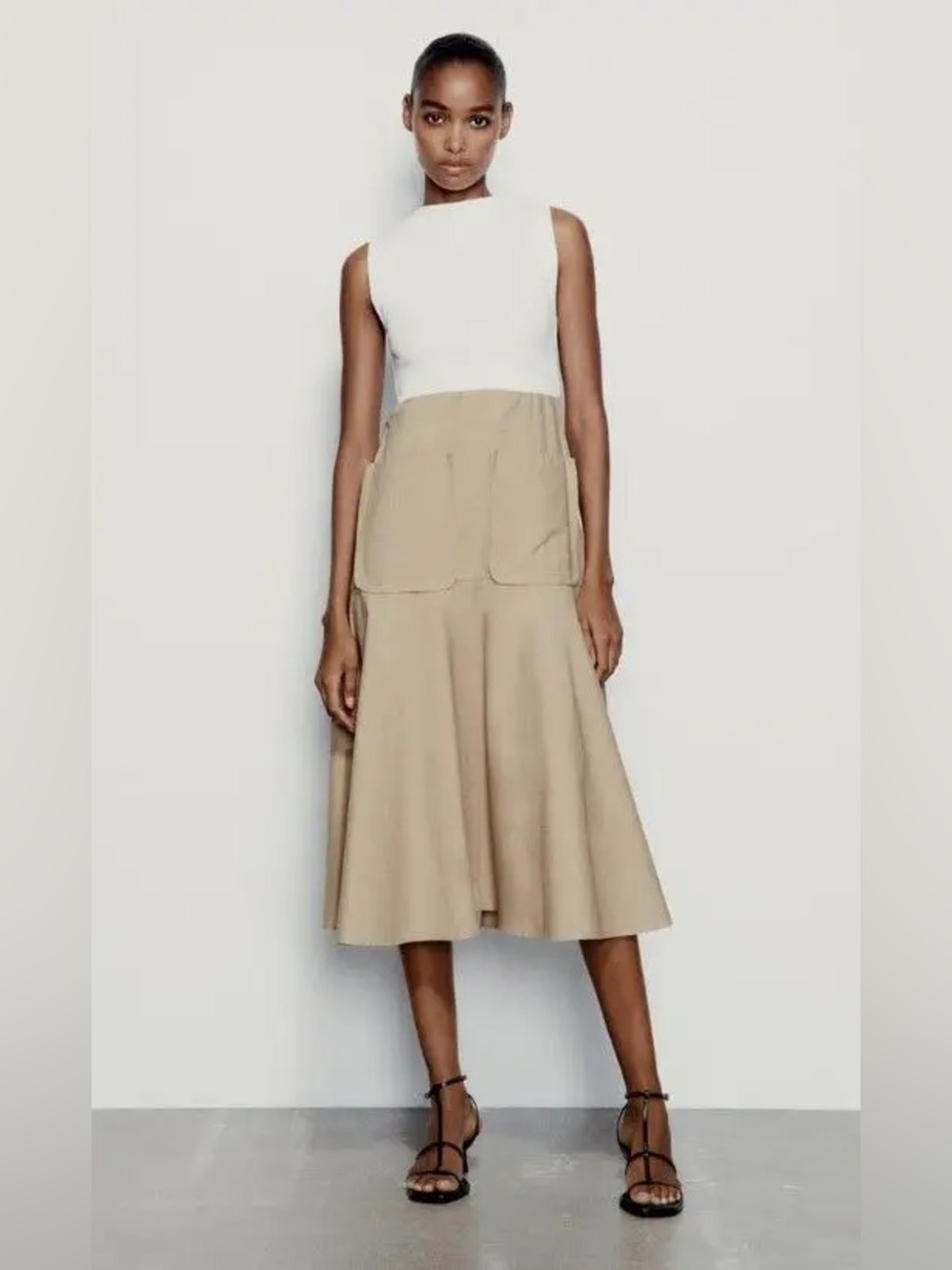 Zara soft contrast midi dress khaki beige brown colorblock cotton